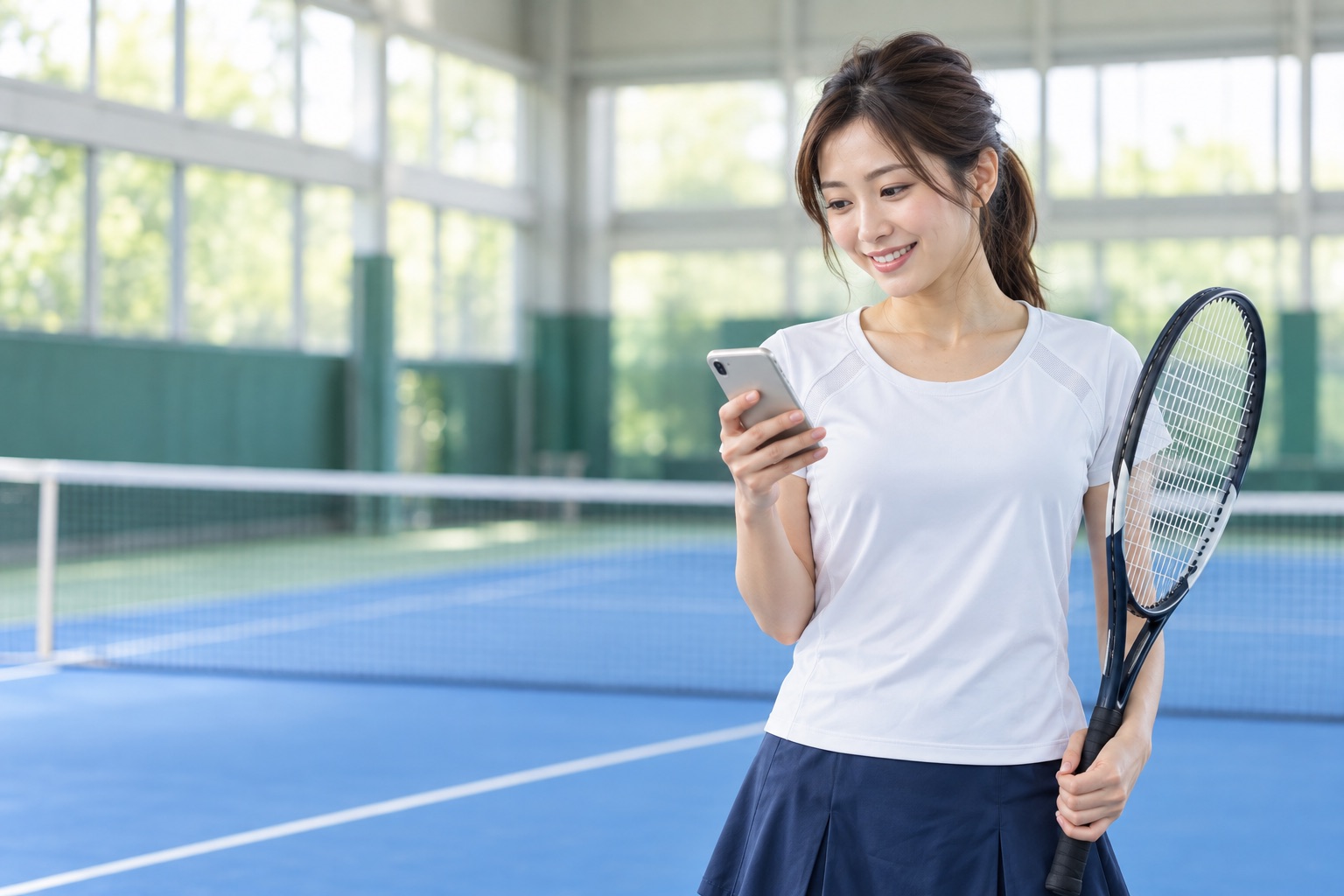 ラケットを持ちスマートフォンを確認するテニス初心者のイメージ