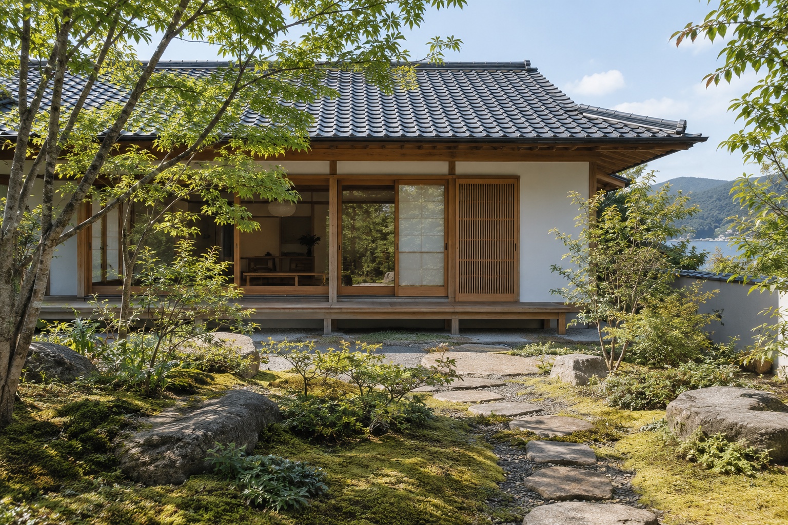 庭の緑に包まれた木造住宅の外観イメージ