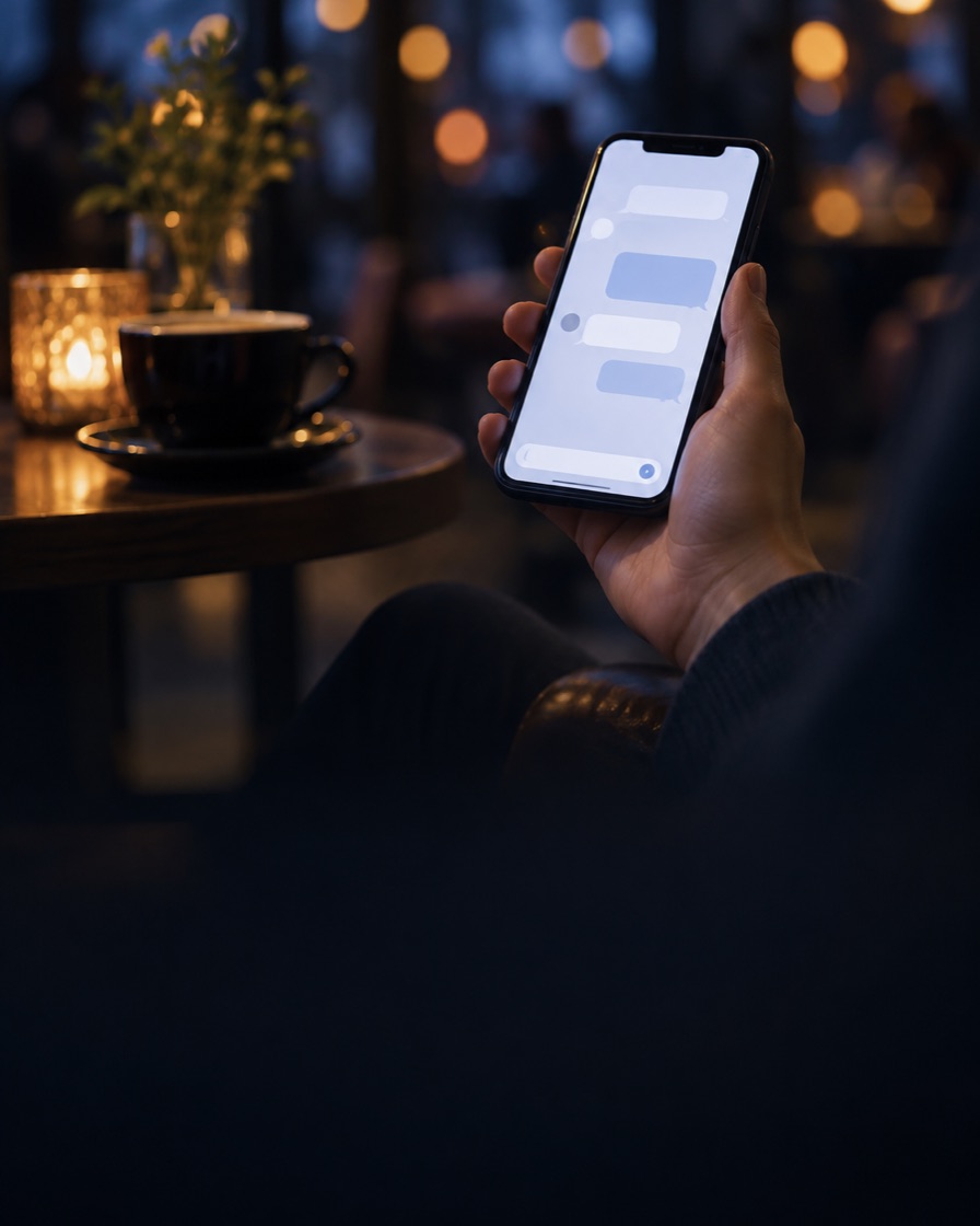 夜間にスマートフォンでAIアシスタントへ質問するイメージ